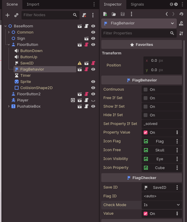 A screenshot of the Godot scene editor. A FlagBehavior node is selected, showing its exported variables.