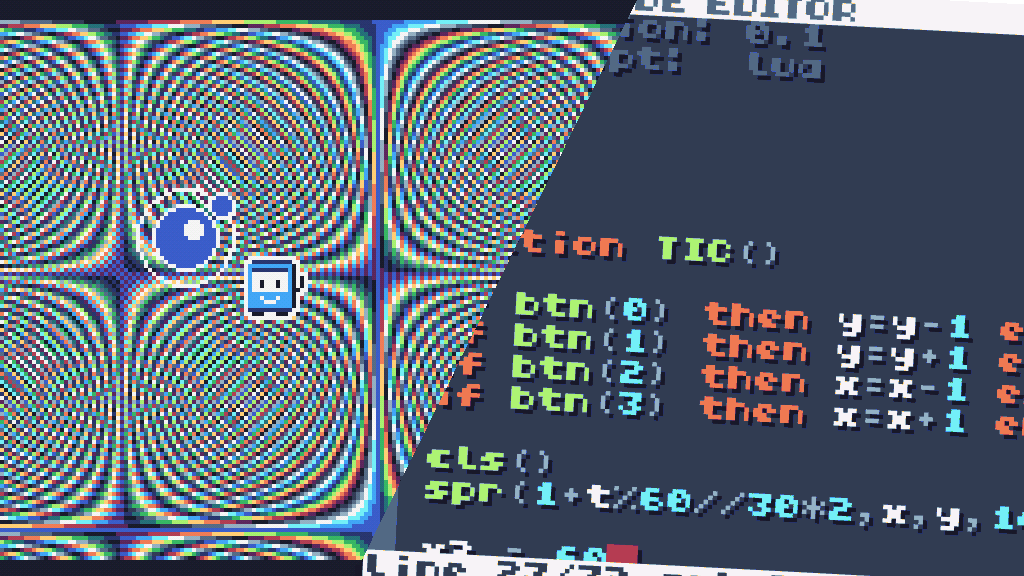 The Lua logo, TIC-80 mascot, and a section of code, with a pixelly psychedelic background pattern