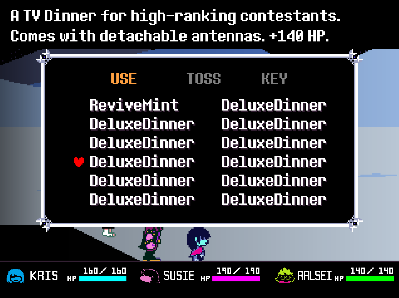 Deltarune's item menu, showing off the player's inventory