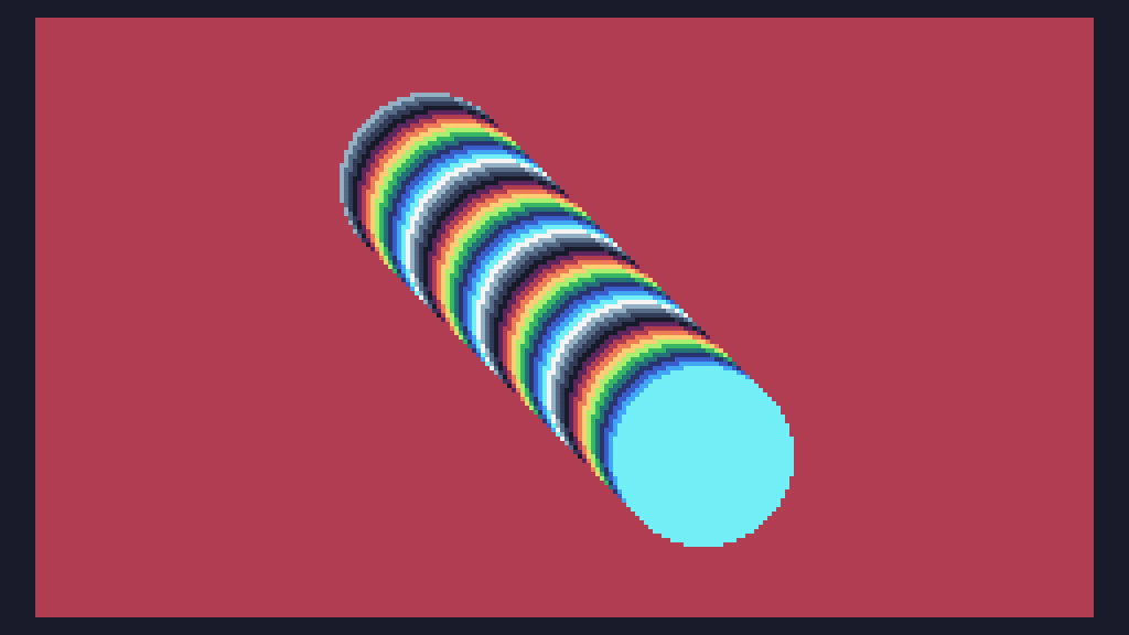 Many colored circles overlayed on top of each other making up a diagonal rainbow on a red background