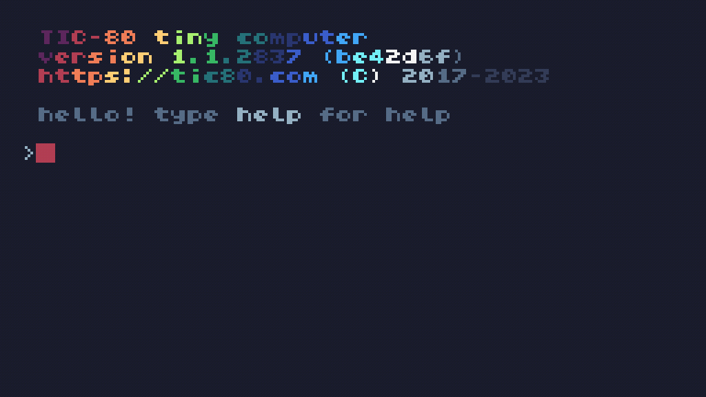 TIC-80 console and boot screen. It switches to the editor, and all the default code is cleared.