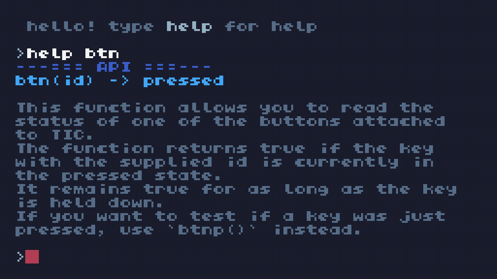 TIC-80 console showing the output of the 'help btn' command, giving a detailed overview of the 'btn()' function