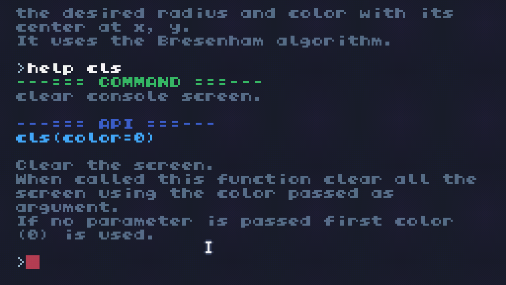 TIC-80 console showing the result of the 'help cls' command, giving an overview of the 'cls()' function